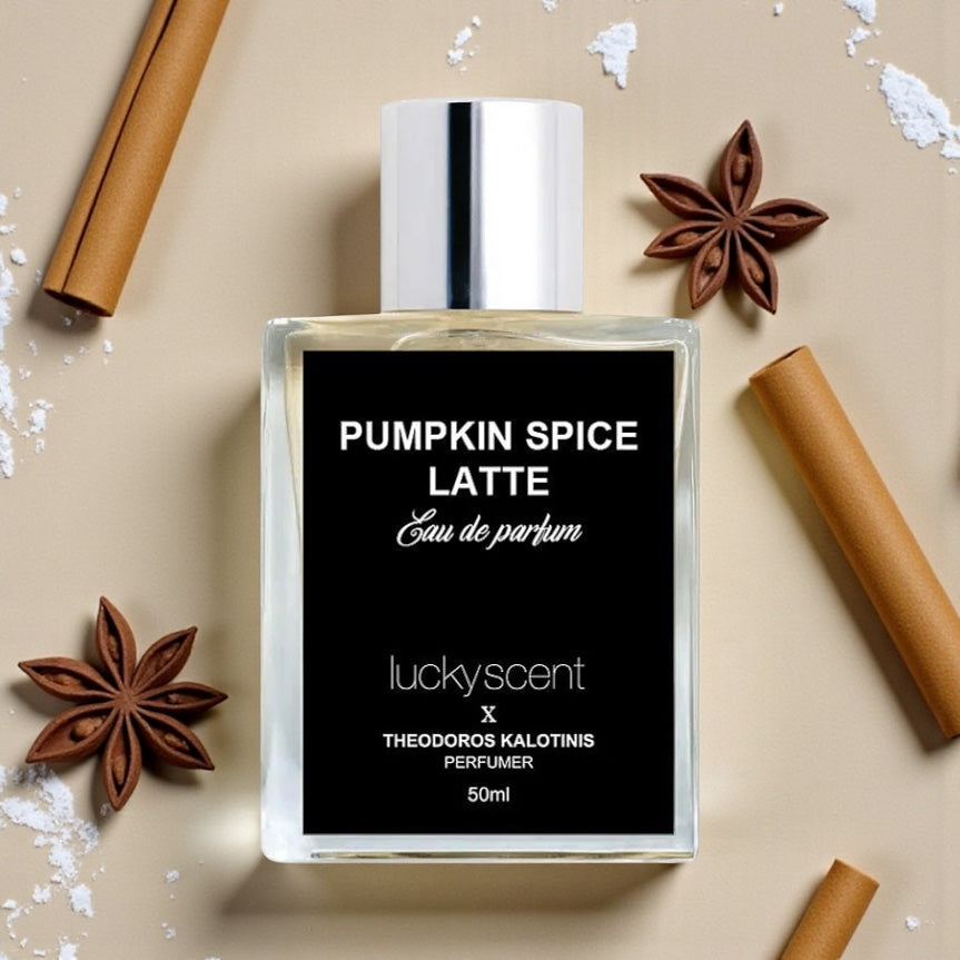 Theodoros Kalotinis Pumpkin Spice Latte perfume styled in a warm, cozy setting