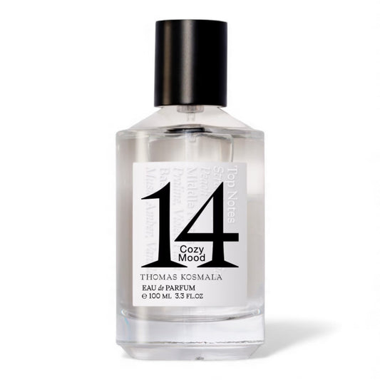 Thomas Kosmala Cozy Mood 14 fragrance sample, a fruity musk scent with peach, violet and soft amber shown in retail bottle for decanting.