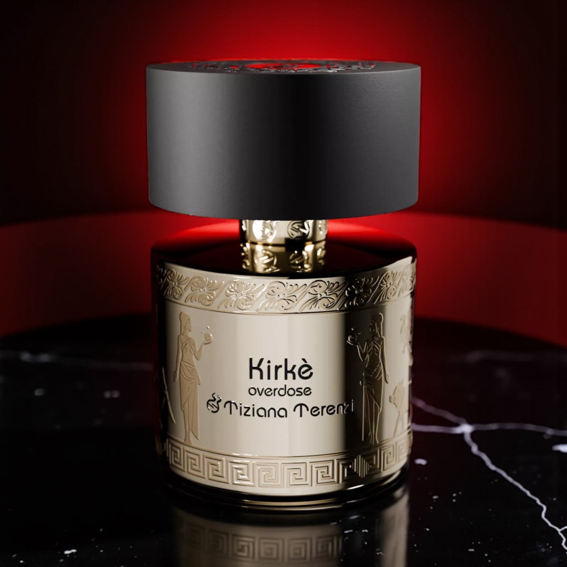 Tiziana Terenzi Kirkè Overdose perfume sample – tropical fruit and warm vanilla notes styled in a dark opulent red setting.