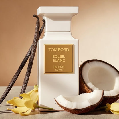 Tom Ford Soleil Blanc Parfum styled in a sunlit tropical setting