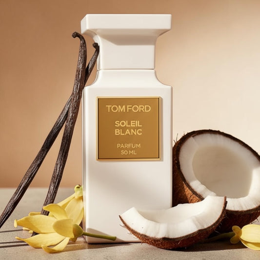 Tom Ford Soleil Blanc Parfum styled in a sunlit tropical setting