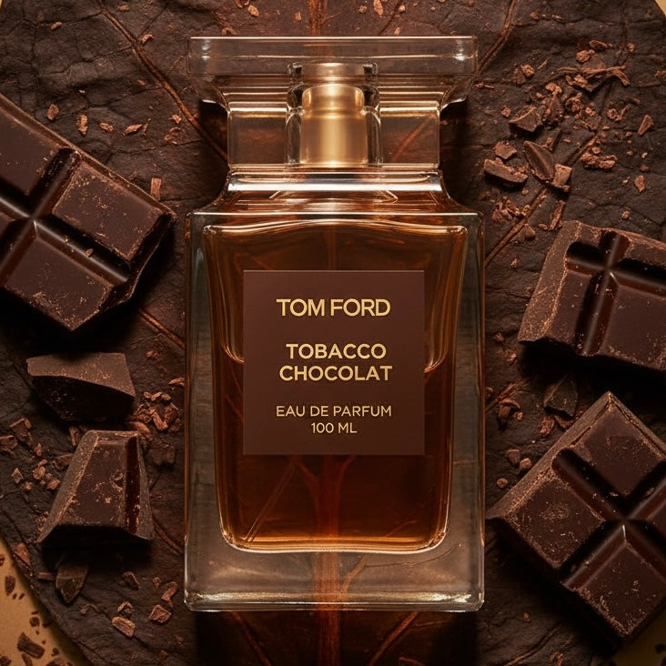 Tom Ford Tobacco Chocolat styled with dark chocolate and tobacco leaves