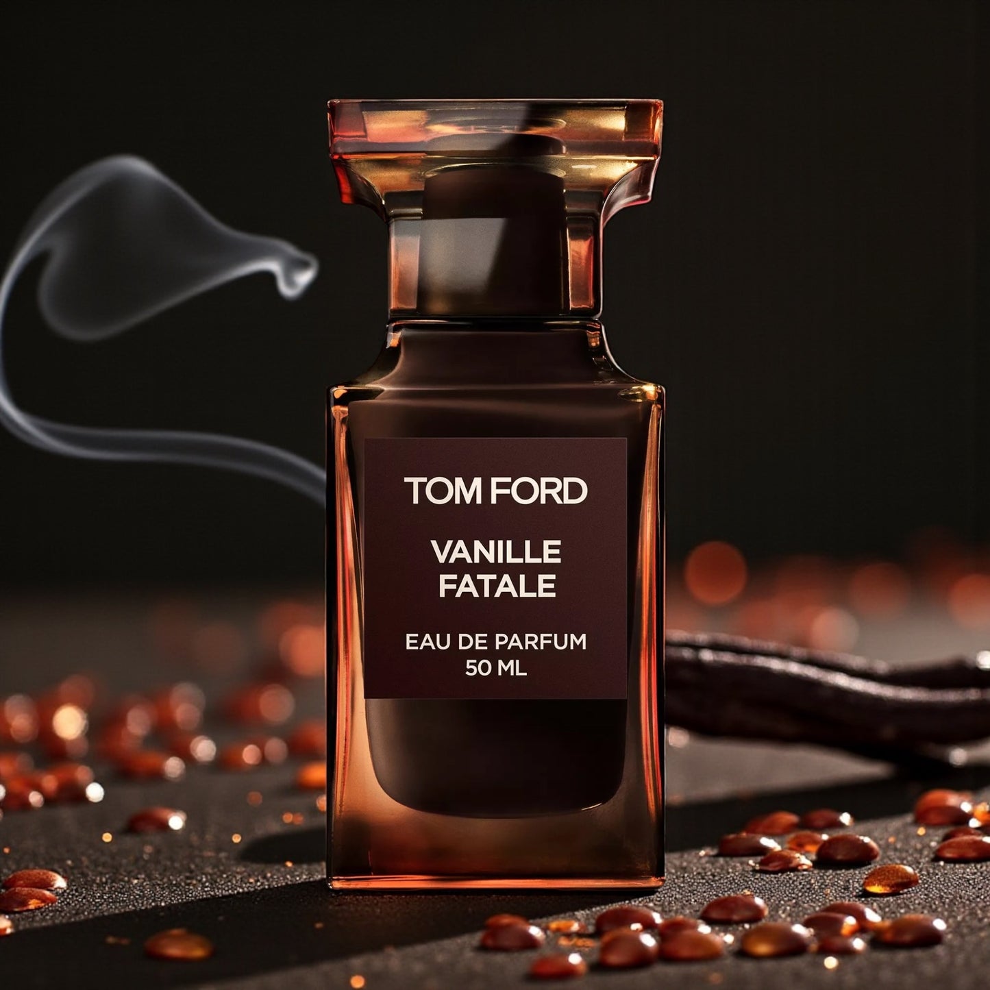 Tom Ford Vanille Fatale perfume sample styled with warm shadows and woody tones to reflect its smoky amber vanilla character.