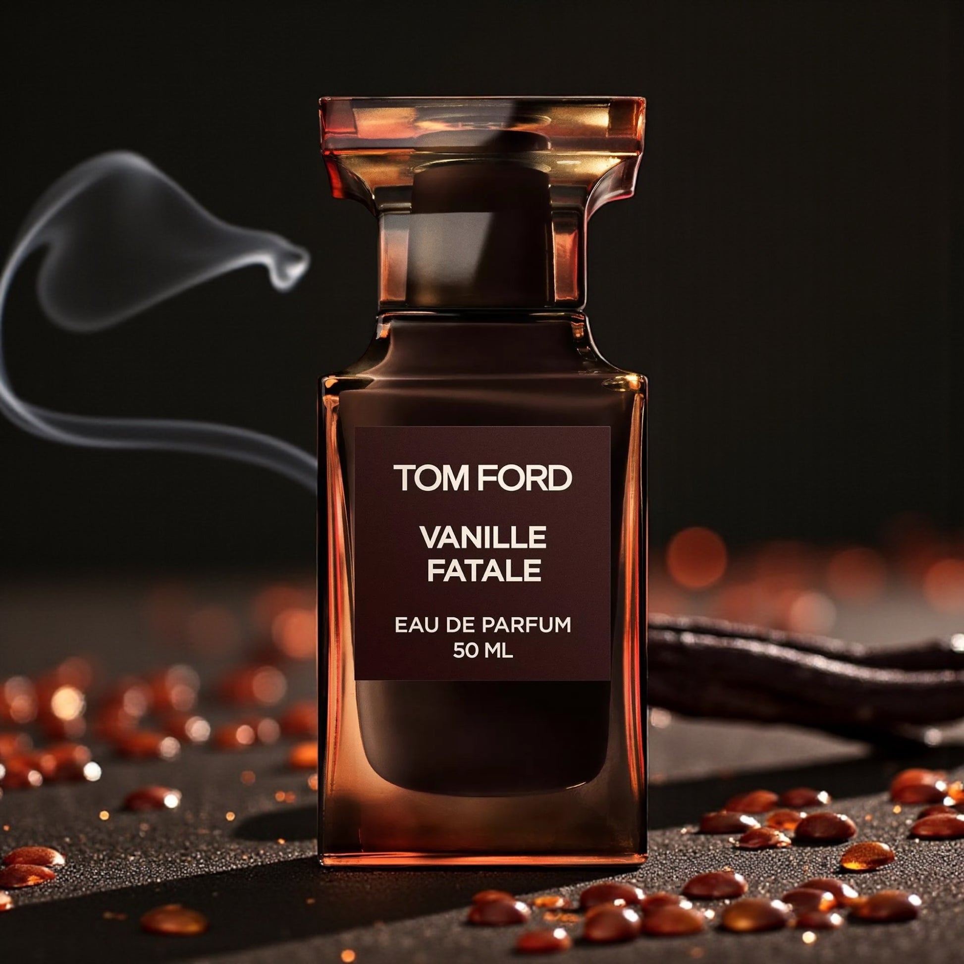 Tom Ford Vanille Fatale perfume sample styled with warm shadows and woody tones to reflect its smoky amber vanilla character.