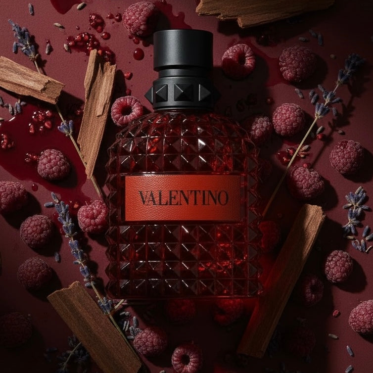 Valentino Uomo Born in Roma Ruby styled with ripe raspberries, lavender and smooth creamy woods