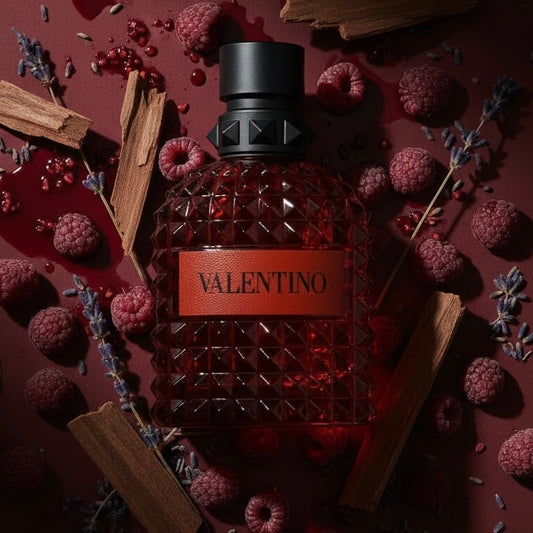 Valentino Uomo Born in Roma Ruby styled with ripe raspberries, lavender and smooth creamy woods