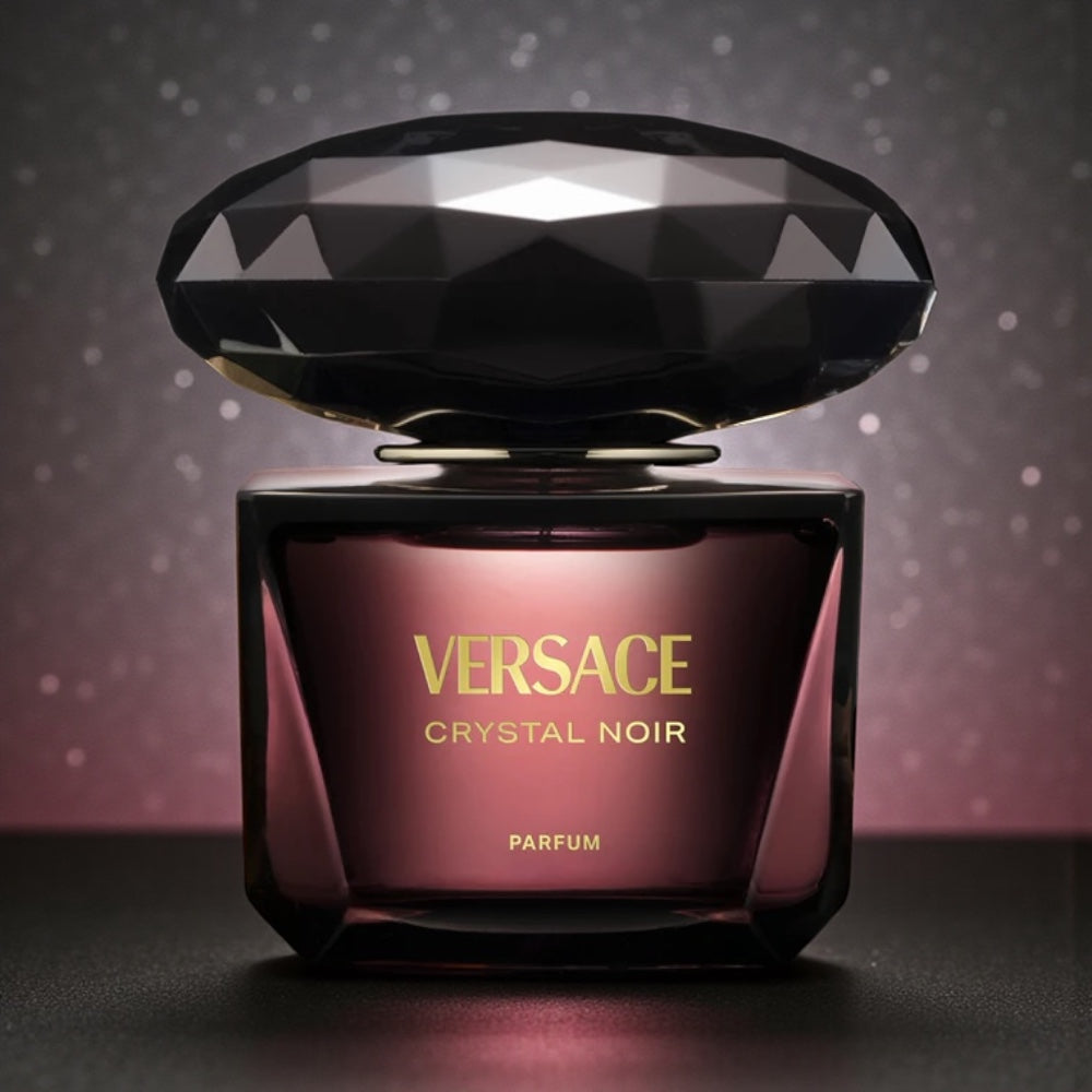 Versace Crystal Noir Parfum perfume sample styled with dark elegant tones to reflect its sensual floral oriental character.
