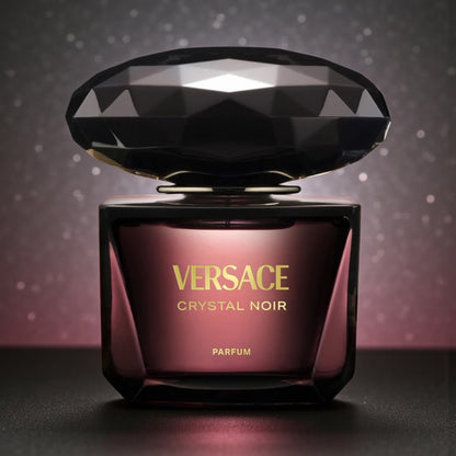 Versace Crystal Noir Parfum perfume sample styled with dark elegant tones to reflect its sensual floral oriental character.