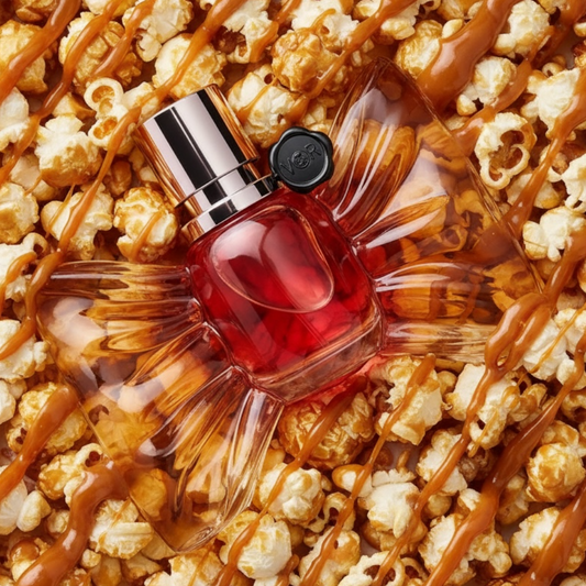 Viktor & Rolf Bonbon Caramel Crunch perfume styled in a warm, dessert-inspired setting