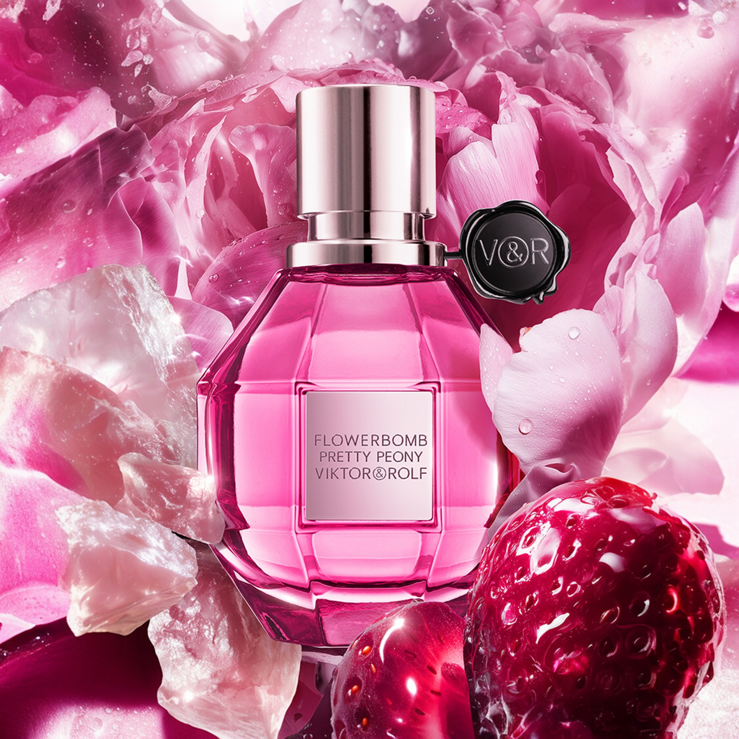 Viktor & Rolf Flowerbomb Pretty Peony perfume sample – juicy strawberry and peony fragrance in a bright, pink floral setting.