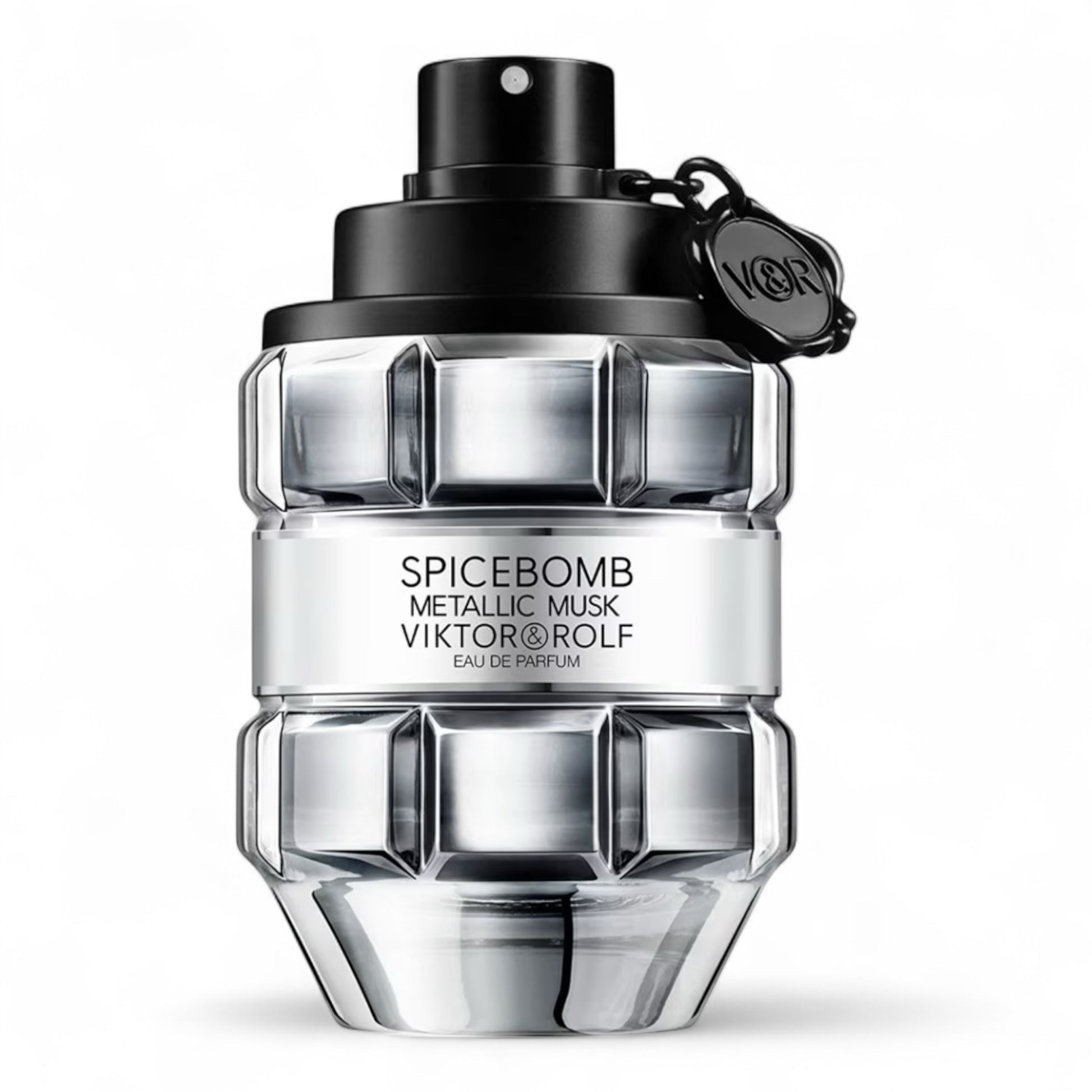 Viktor & Rolf Spicebomb Metallic Musk fragrance sample - clean musky suede scent with black pepper. 90ml bottle shown.