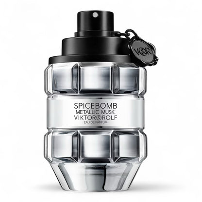 Viktor & Rolf Spicebomb Metallic Musk fragrance sample - clean musky suede scent with black pepper. 90ml bottle shown.