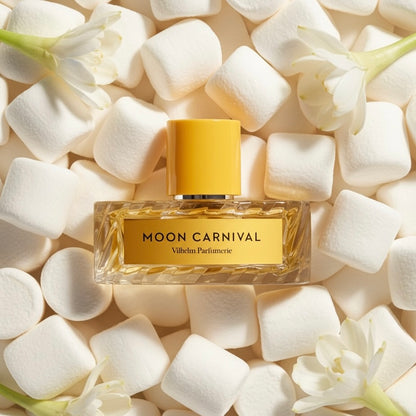 Vilhelm Parfumerie Moon Carnival styled with tuberose flowers and fluffy marshmallows
