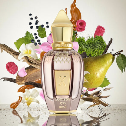 Xerjoff Louis XV 1722 Rosé perfume sample styled with soft pink tones to reflect its champagne inspired freshness