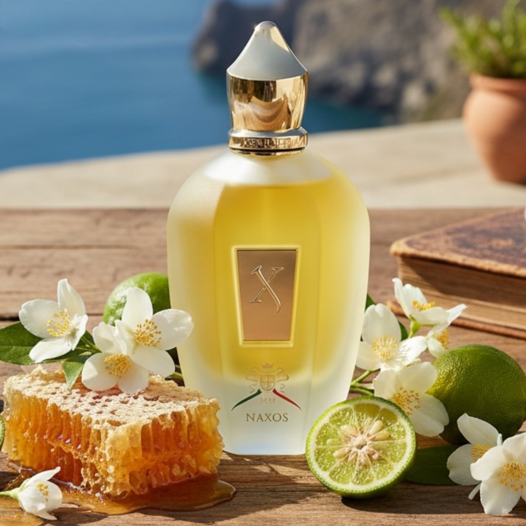 Xerjoff Naxos perfume styled in a warm, Mediterranean-inspired setting