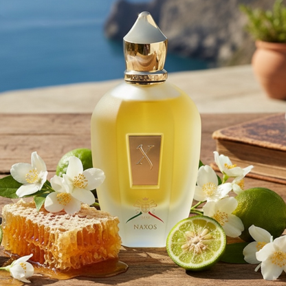 Xerjoff Naxos perfume styled in a warm, Mediterranean-inspired setting