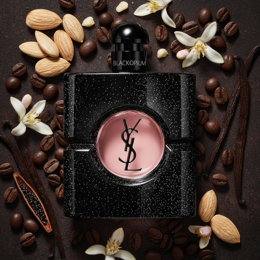 YSL Black Opium styled with dark roasted coffee, jasmine flowers, vanilla and bitter almonds