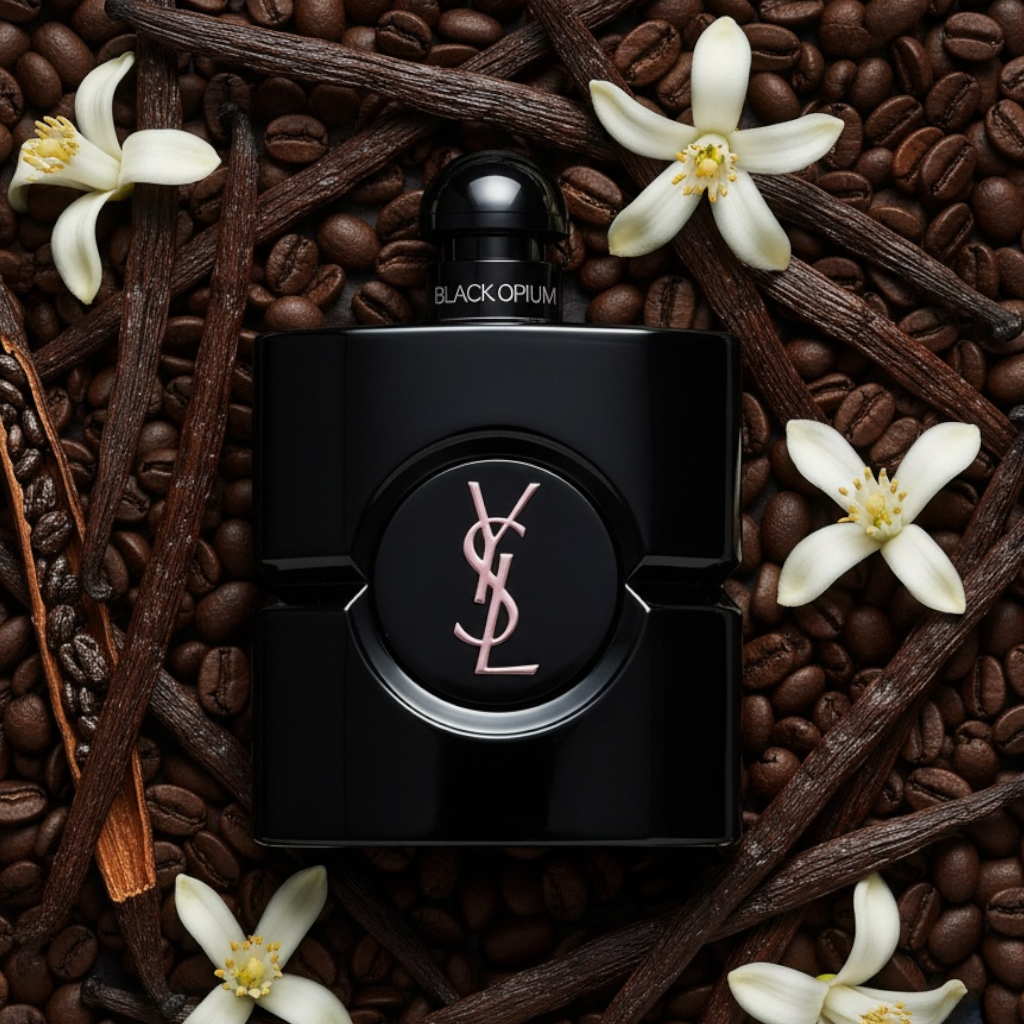 YSL Black Opium Le Parfum styled with vanilla pods, coffee beans, jasmine and pear