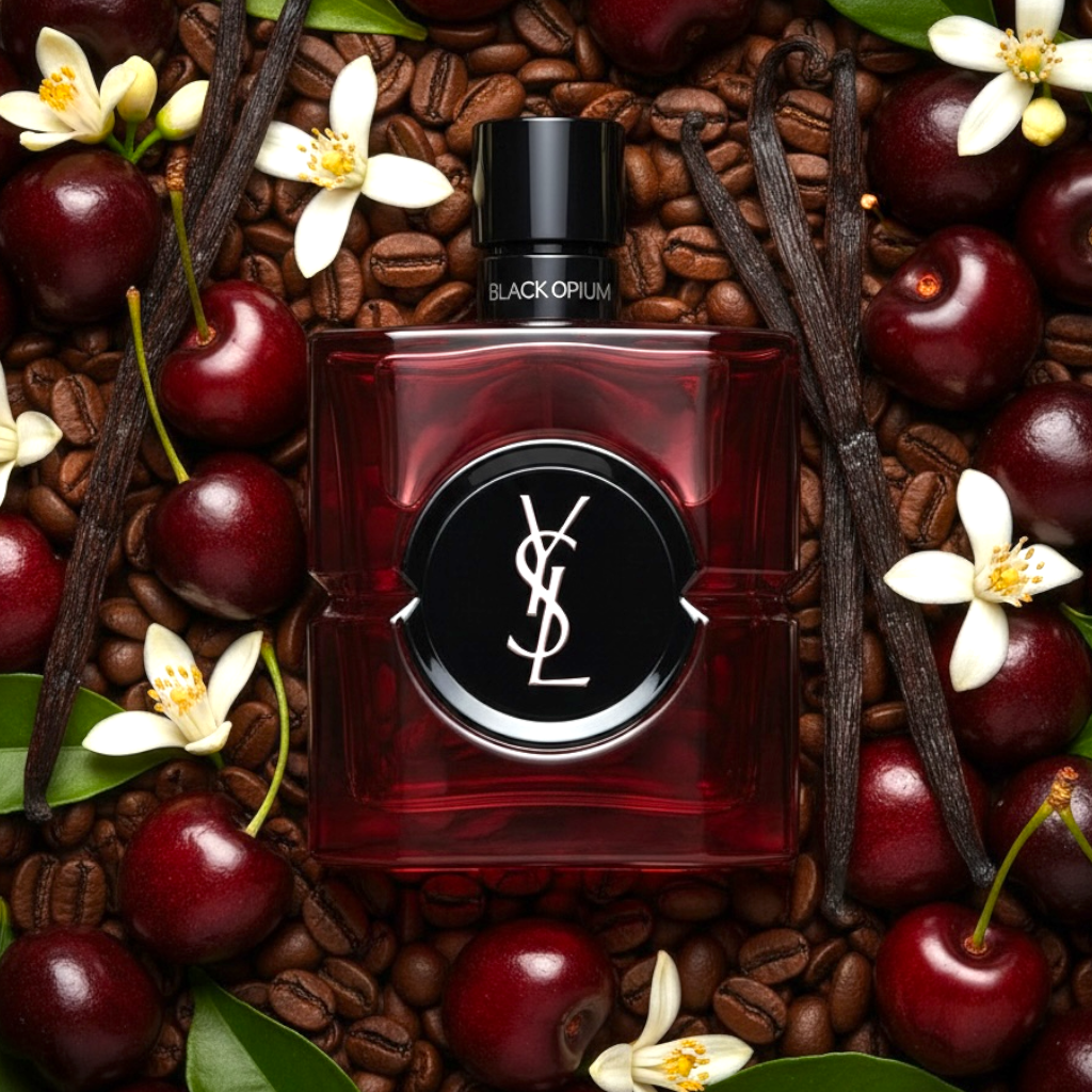 YSL Black Opium Over Red styled with ripe cherries, black coffee, jasmine and vanilla