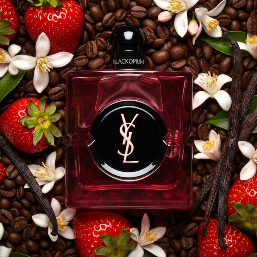 YSL Black Opium Pink Glaze styled with juicy strawberries, jasmine flowers and dark roasted coffee