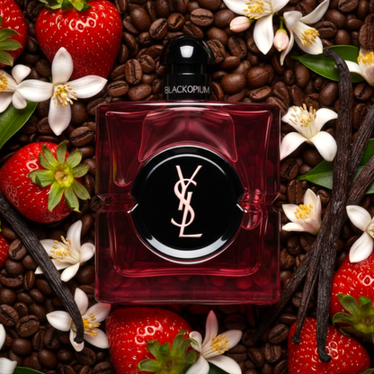 YSL Black Opium Pink Glaze styled with juicy strawberries, jasmine flowers and dark roasted coffee