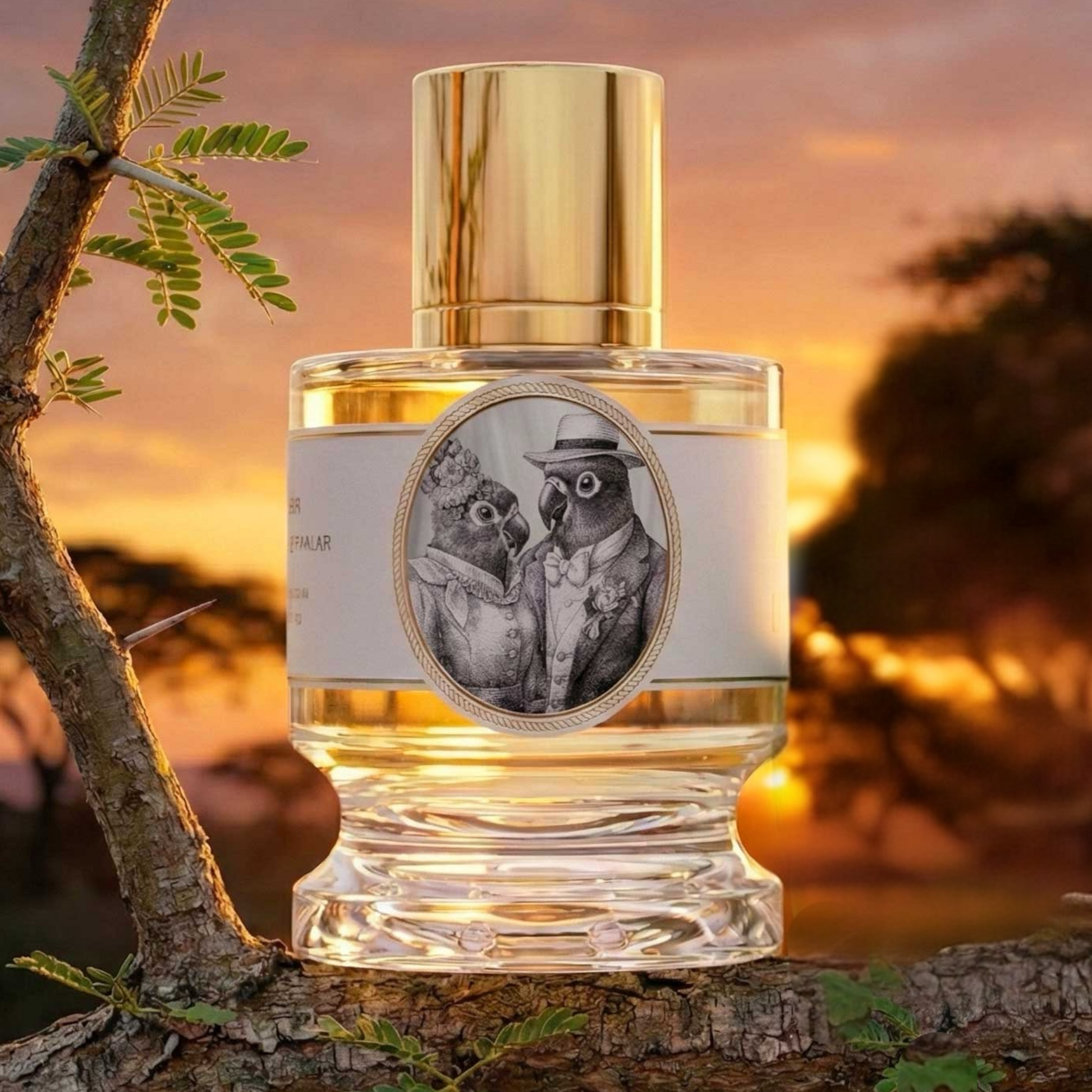Zoologist Lovebird perfume styled in a vibrant, tropical-inspired setting